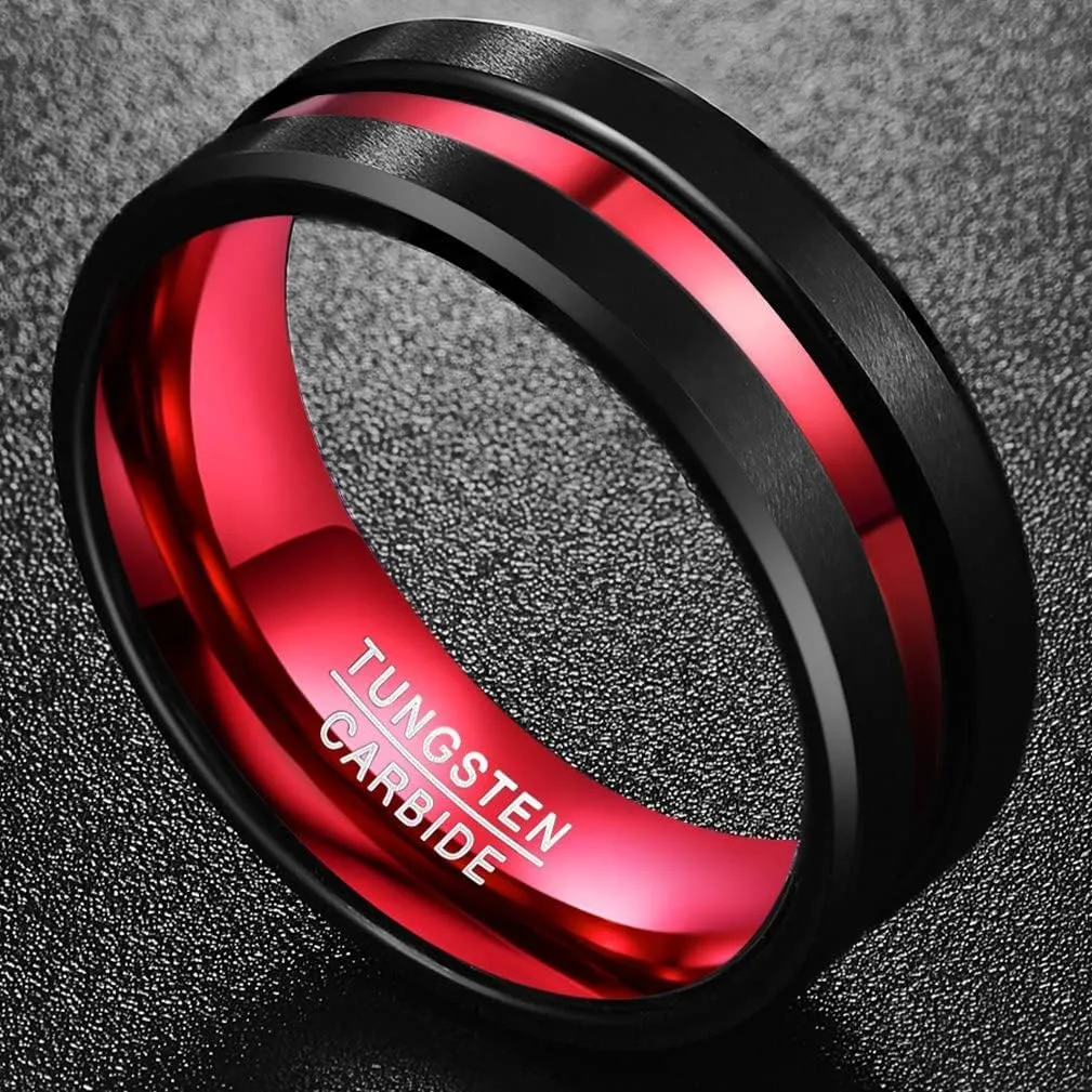 NUNCAD 8mm Men's Tungsten Rings Black Red/Blue/Rose Gold Grooved Center Matte Finish Wedding Band Polished Beveled Edges Size 4 to 16
