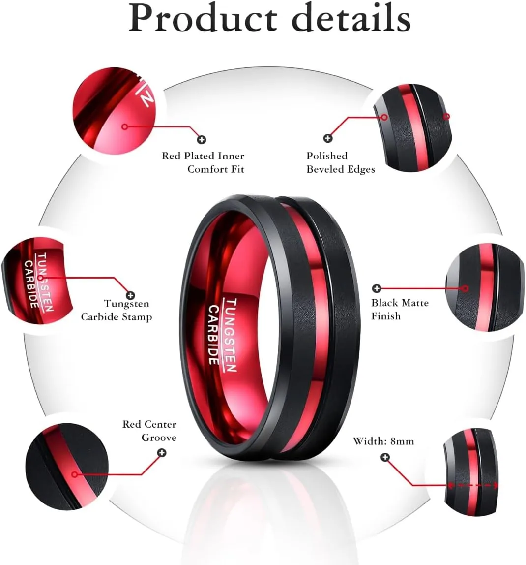NUNCAD 8mm Men's Tungsten Rings Black Red/Blue/Rose Gold Grooved Center Matte Finish Wedding Band Polished Beveled Edges Size 4 to 16