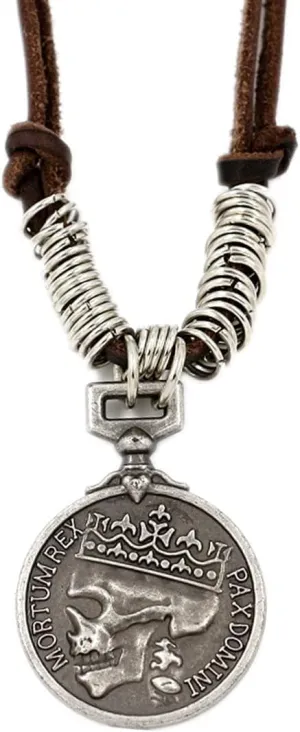 ODETOJOY Classic Skeleton Brown Genuine Leather Pendant Necklace Skull Steampunk Chunky Pendants Jewelry for Men Choker