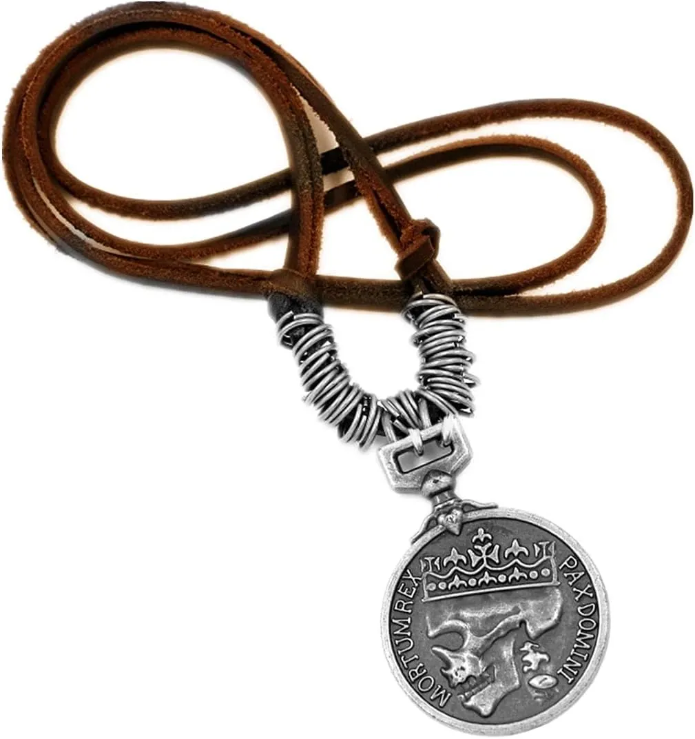 ODETOJOY Classic Skeleton Brown Genuine Leather Pendant Necklace Skull Steampunk Chunky Pendants Jewelry for Men Choker
