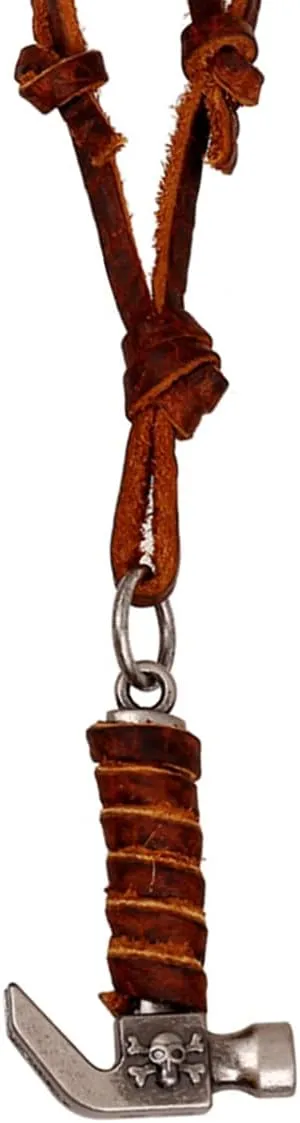 ODETOJOY Hollow Cubic Brown Genuine Leather Pendant Necklace Geometric Dice Steampunk Chunky Pendants Jewelry for Men Choker (Hammer)