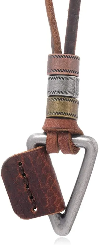 ODETOJOY Hollow Cubic Brown Genuine Leather Pendant Necklace Geometric Dice Steampunk Chunky Pendants Jewelry for Men Choker (Triangle)