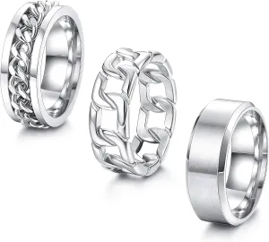 ORAZIO Mens Rings 3Pcs Silver Rings for Men Women Stainless Steel Plain Band Ring Cuban Link Chain Rings Spinner Ring Men's Promise Wedding Rings Set,Size 6-14