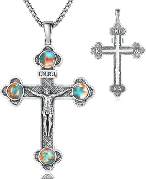 Orthodox Cross Necklace, Silver Crucifix Cross for Men Women Turquoise Jesus & Virgin Mary Cross Pendant Necklaces Christian Religious Jewelry Gift