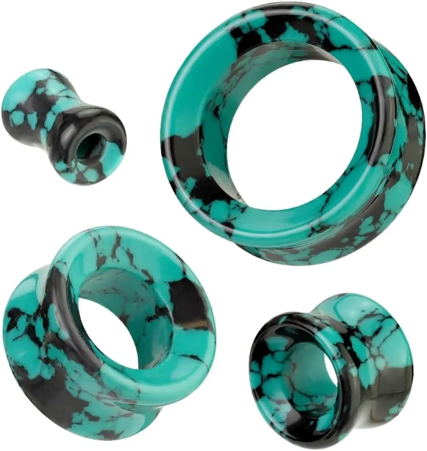 Pair (2PCS) TEAL BLACK TURQUOISE STONE TUNNELS Double Flare Organic Gauges Ear Plugs 9302