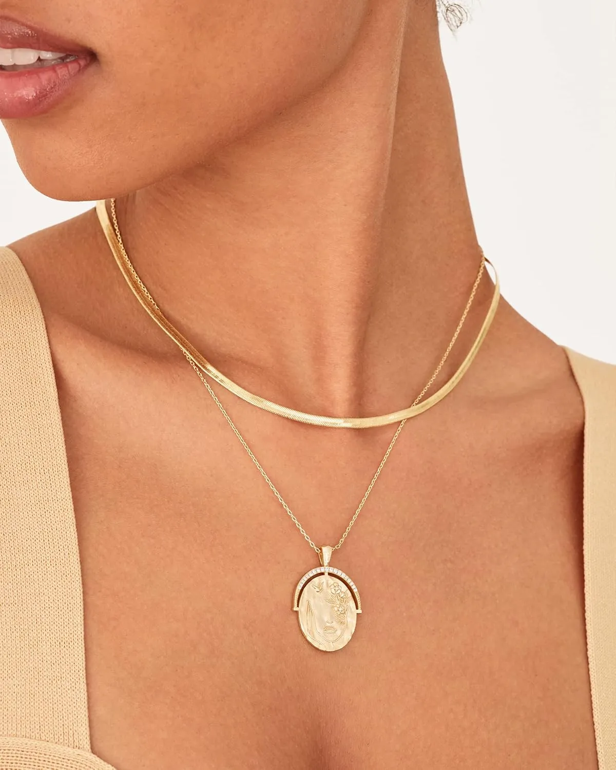 PAVOI 14K Gold Plated Engraved Hammered Oval Coin Pendant Necklace for Women | Hamsa Stars Bohemian Pendant Adjustable Chain Necklaces | Calm Inspirational Secret Phrases
