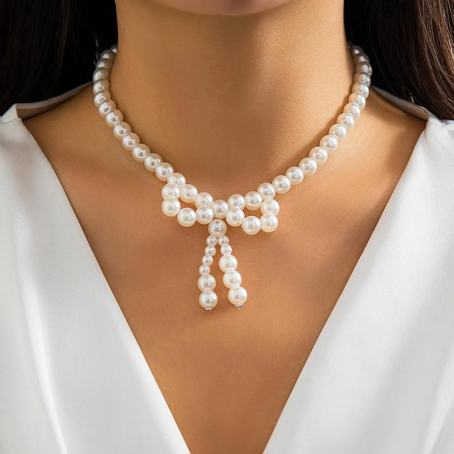 Pearl Bow Necklace for Women White Pearl Choker Necklace Black Bow Choker Faux Pearl Choker Necklaces Wedding Birthday Gifts Party Bar Accessories