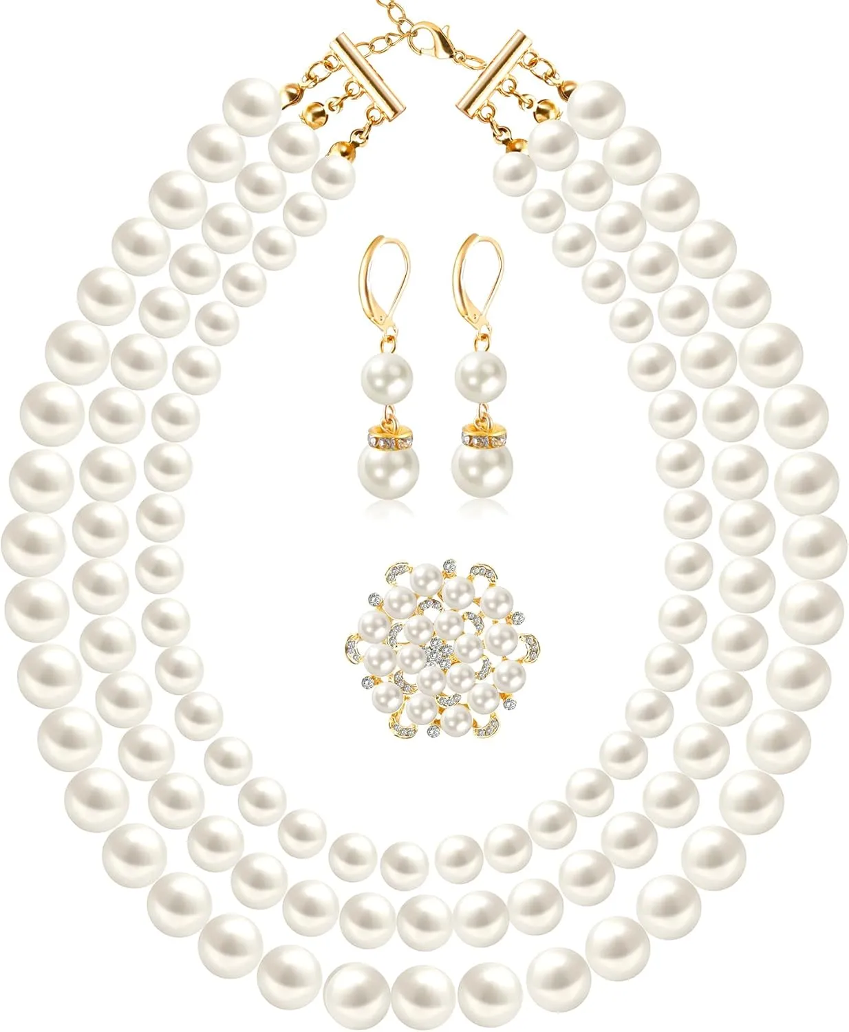 Pearl Necklace and Earring Set for Women Faux Pearl Costume Jewelry Set with Necklace, Earrings, Brooch Pin for Wedding Bridal Birthday Party