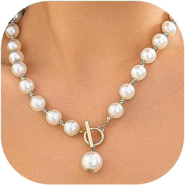 Pearl Pendant Necklace,Charming Black Chunky Beaded OT Toggle Clasp Collar Necklace,Aesthetic Valentine's Day Jewelry Gift for Women