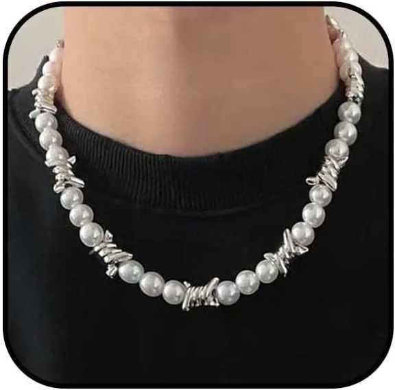 Pearl Thorn Necklace for Men Women Silver Barbed Wire Imitation Black Pearl Necklace Punk Hip Hop Thorn Link Necklace Adjustable Elastic Gothic Chain Necklace Exquisite Chunky Statement Jewelry