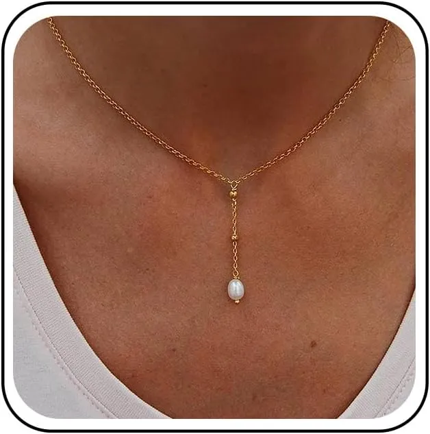 Pearl Y Lariat Necklace Long Pearl Lariat Necklaces Gold Pearl Pendant Necklace Single Pearl Choker Necklace Pearl Y Drop Necklace Chain Jewelry for Women