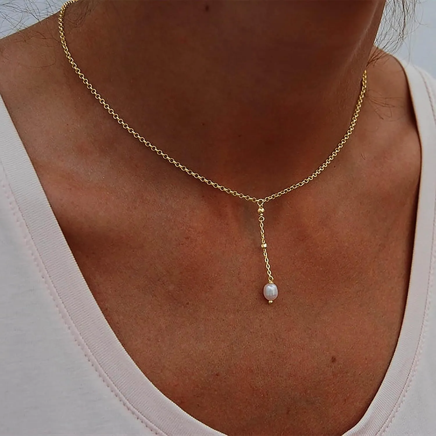Pearl Y Lariat Necklace Long Pearl Lariat Necklaces Gold Pearl Pendant Necklace Single Pearl Choker Necklace Pearl Y Drop Necklace Chain Jewelry for Women