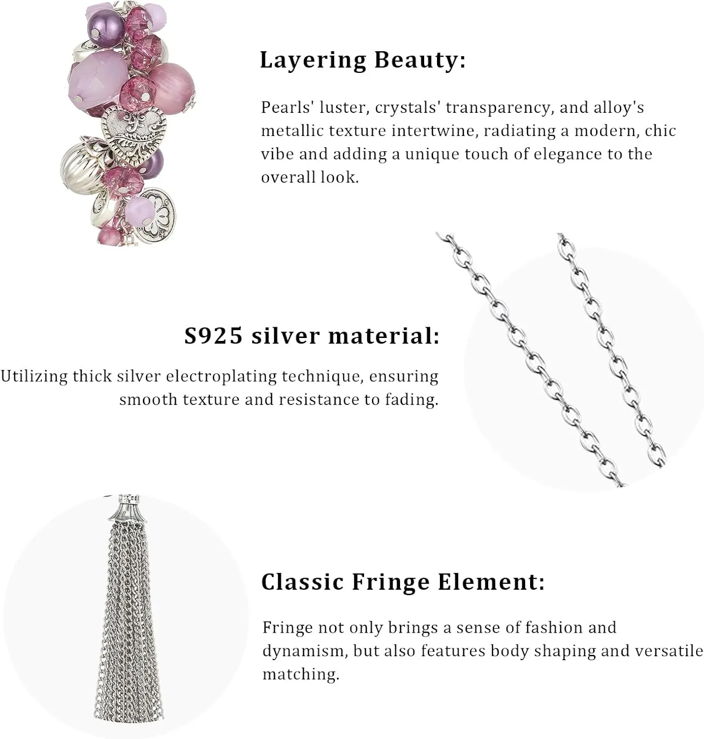 PEARL&CLUB Silver Long Tassel Necklaces for Women Boho Chain Necklace with Tassel Beaded Pendant Silver Fashion Jewelry Gifts for Women