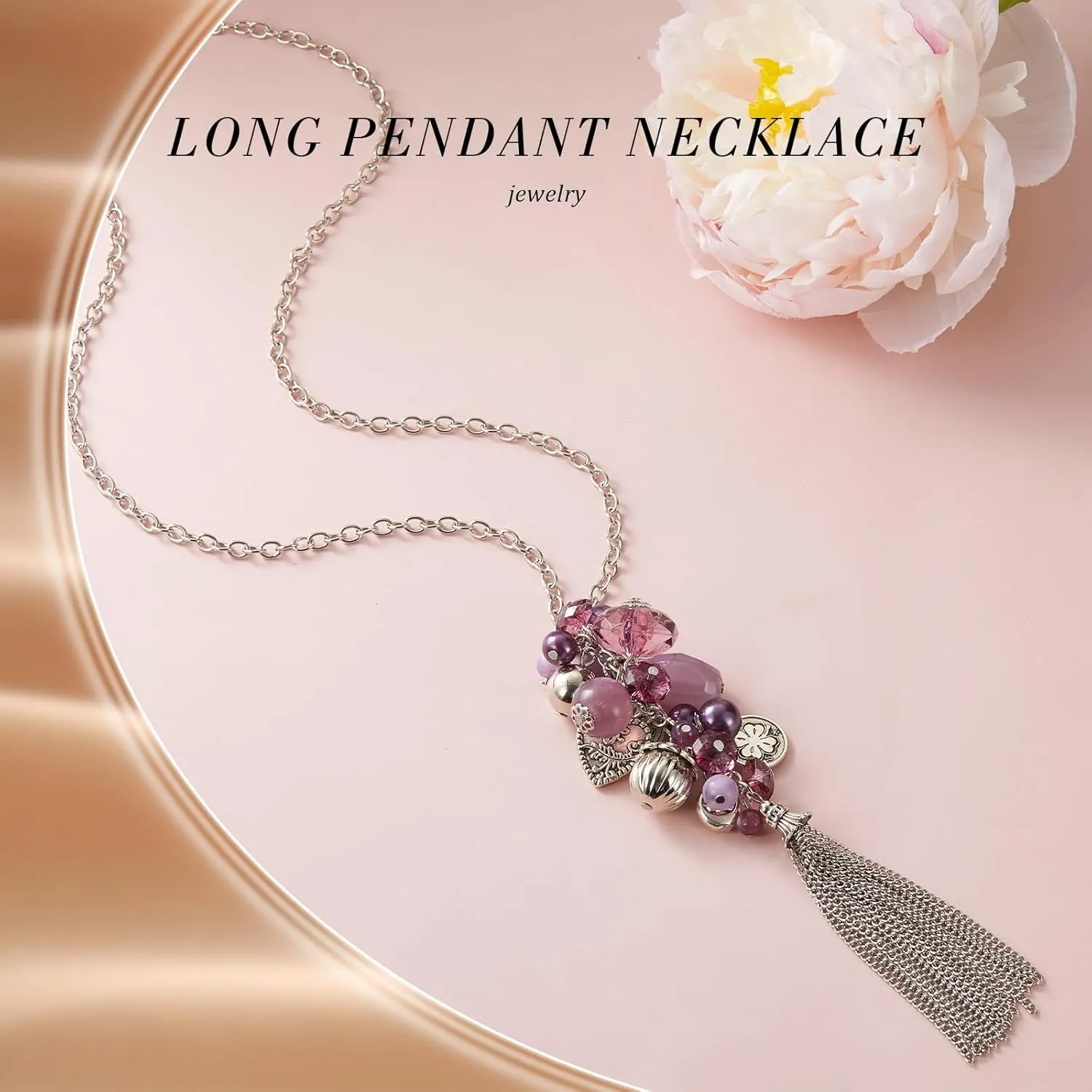 PEARL&CLUB Silver Long Tassel Necklaces for Women Boho Chain Necklace with Tassel Beaded Pendant Silver Fashion Jewelry Gifts for Women