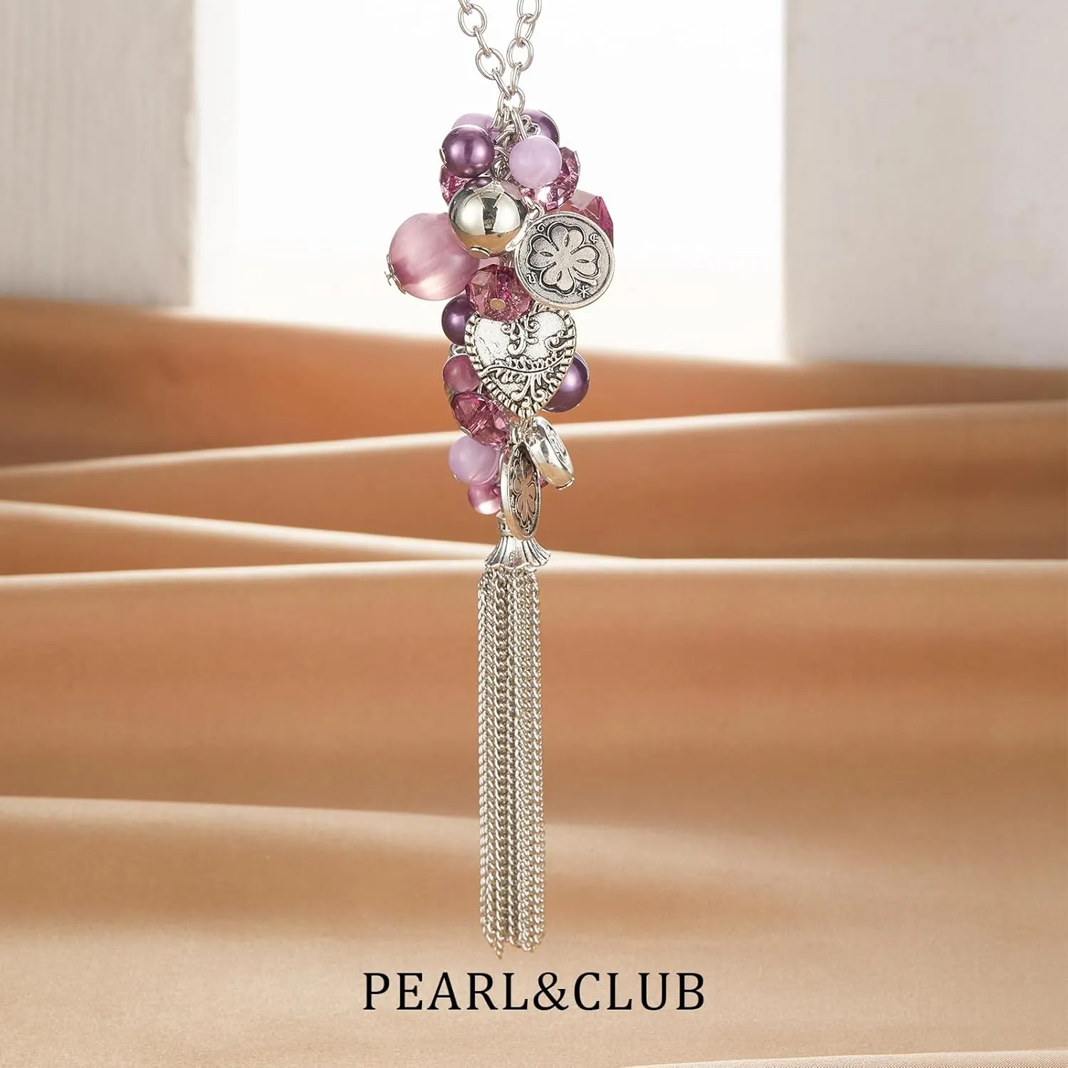 PEARL&CLUB Silver Long Tassel Necklaces for Women Boho Chain Necklace with Tassel Beaded Pendant Silver Fashion Jewelry Gifts for Women