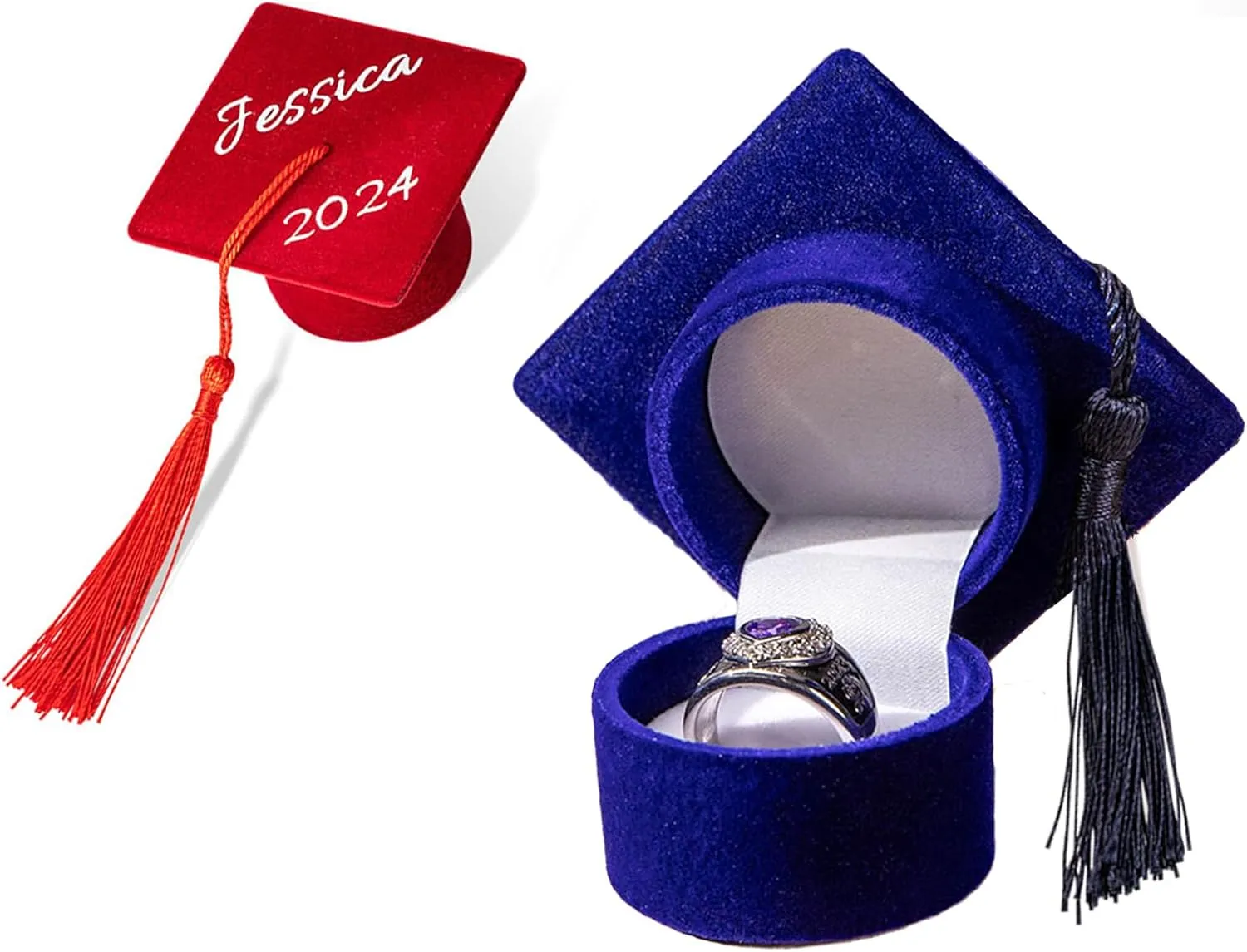 Personalized Ring Box for Graduation, Baptism, Wedding - Custom Jewelry Gift Box for Her - Engagement, School Cap Proposal - Velvet Case for Girls and College