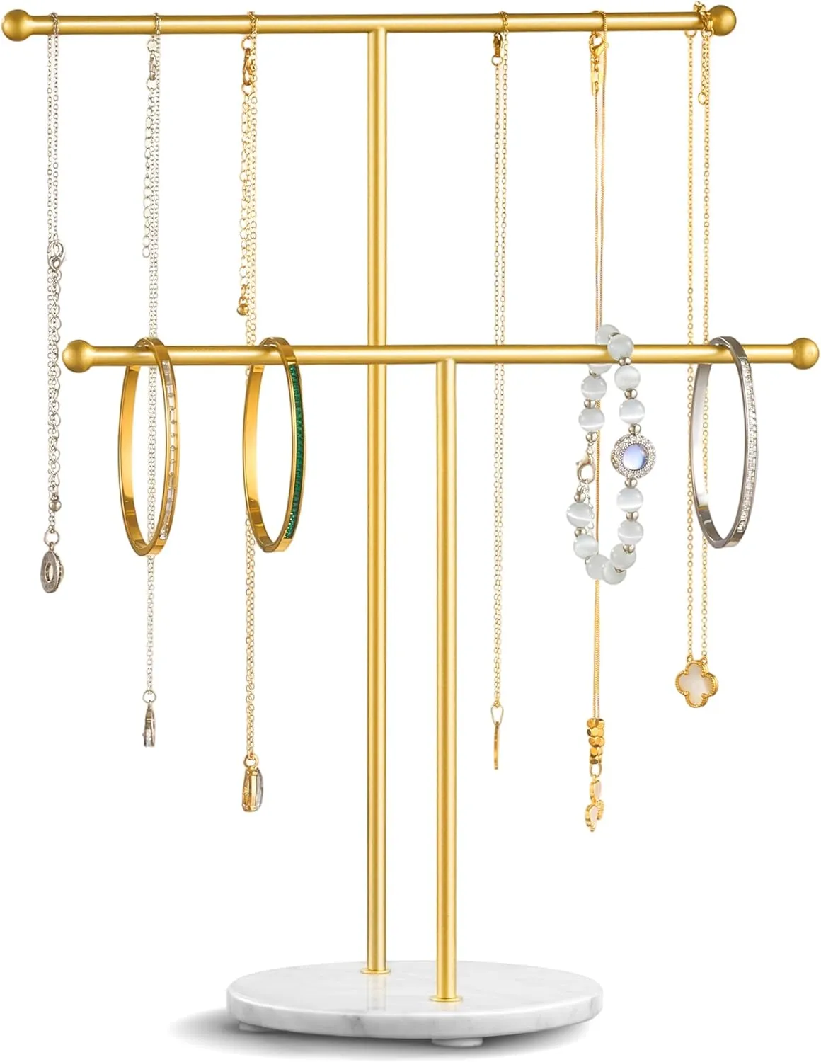 pickpiff Necklace Holder Stand: 2 Tier Jewelry Organizer with Marble Base, Gold Jewelry Tree Display for Bracelets, Rings, Earrings