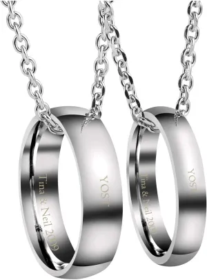 PiercingJ Free Engraving Personalized Custom Couples Necklace for Him and Her Stainless Steel Polished Silver Matching Rings Pendant Necklaces Eternal Love Promise Wedding Gift