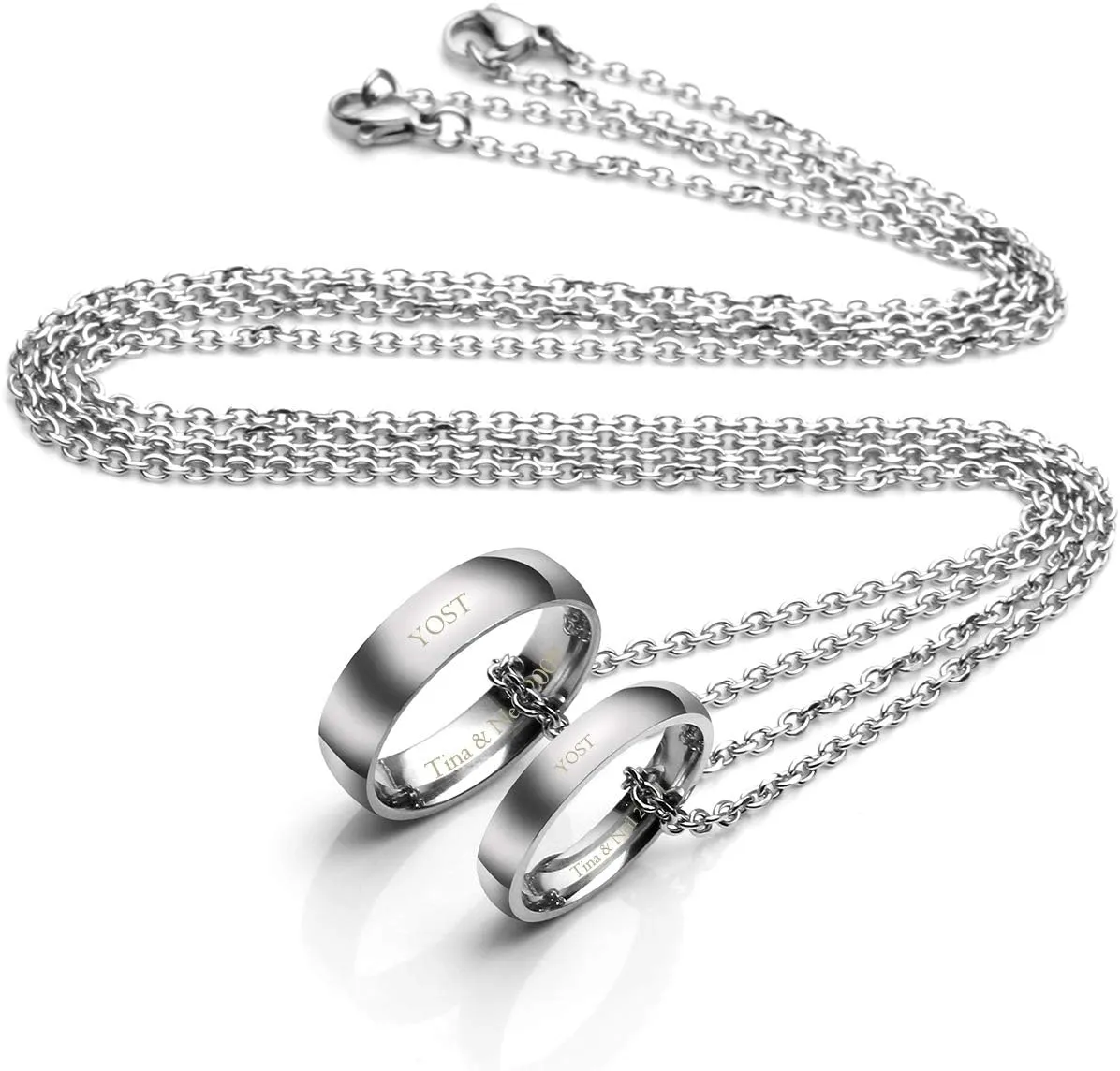 PiercingJ Free Engraving Personalized Custom Couples Necklace for Him and Her Stainless Steel Polished Silver Matching Rings Pendant Necklaces Eternal Love Promise Wedding Gift