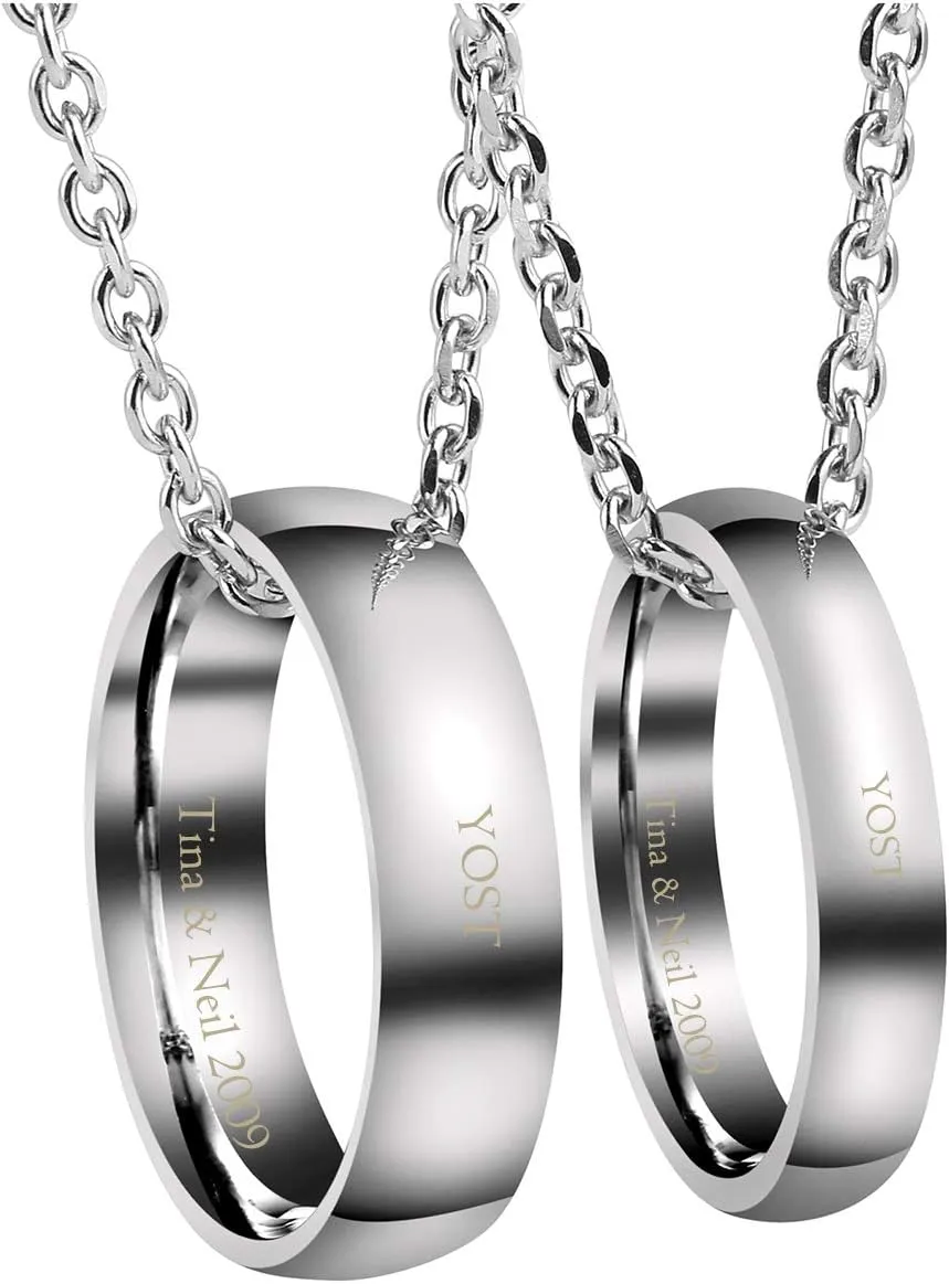PiercingJ Free Engraving Personalized Custom Couples Necklace for Him and Her Stainless Steel Polished Silver Matching Rings Pendant Necklaces Eternal Love Promise Wedding Gift