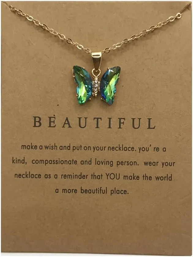Pingyongchang Crystal Butterfly Pendant Necklace With Card Bohemian 18K Gold Plated Chain Insect Resin Chokers for Friend Women Friendship Mother's Day Holiday Beach Jewelry Gift