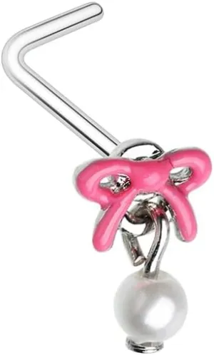 Pink Enamel Pearl Drop Bow Ribbon L-Shaped Nose Ring