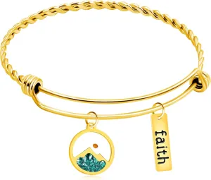Platinum/Gold Plated Stainless Steel Adjustable Bangle Bracelets with Mustard Seed Pendant and Faith Tag - Inspirational Christian Jewelry for Women YA4995