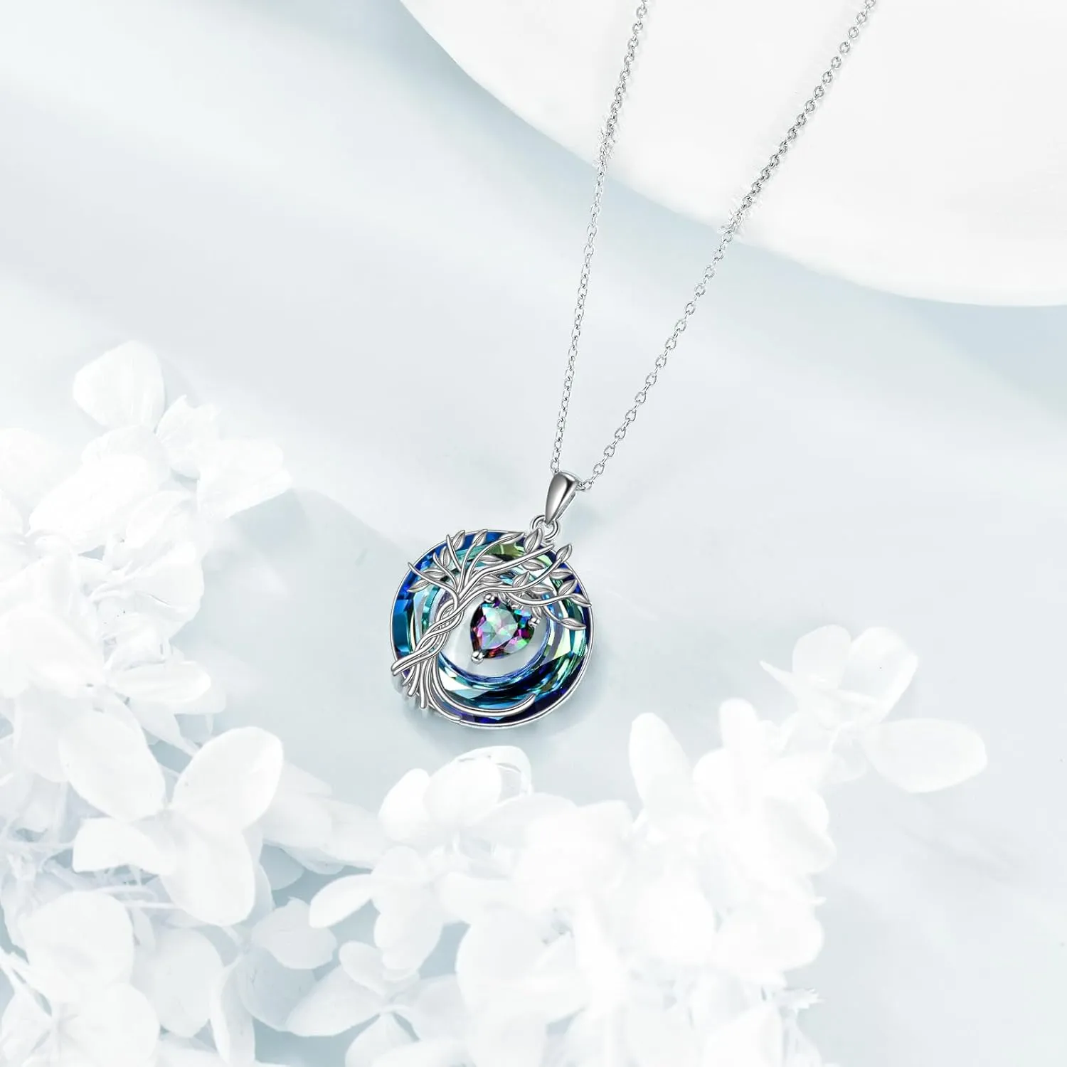 POPLYKE Tree of Life Necklace 925 Sterling Silver Birthstone Pendant Necklaces with Crystal Anniversary Birthday Wedding Jewelry for Mom Her Wife Sister