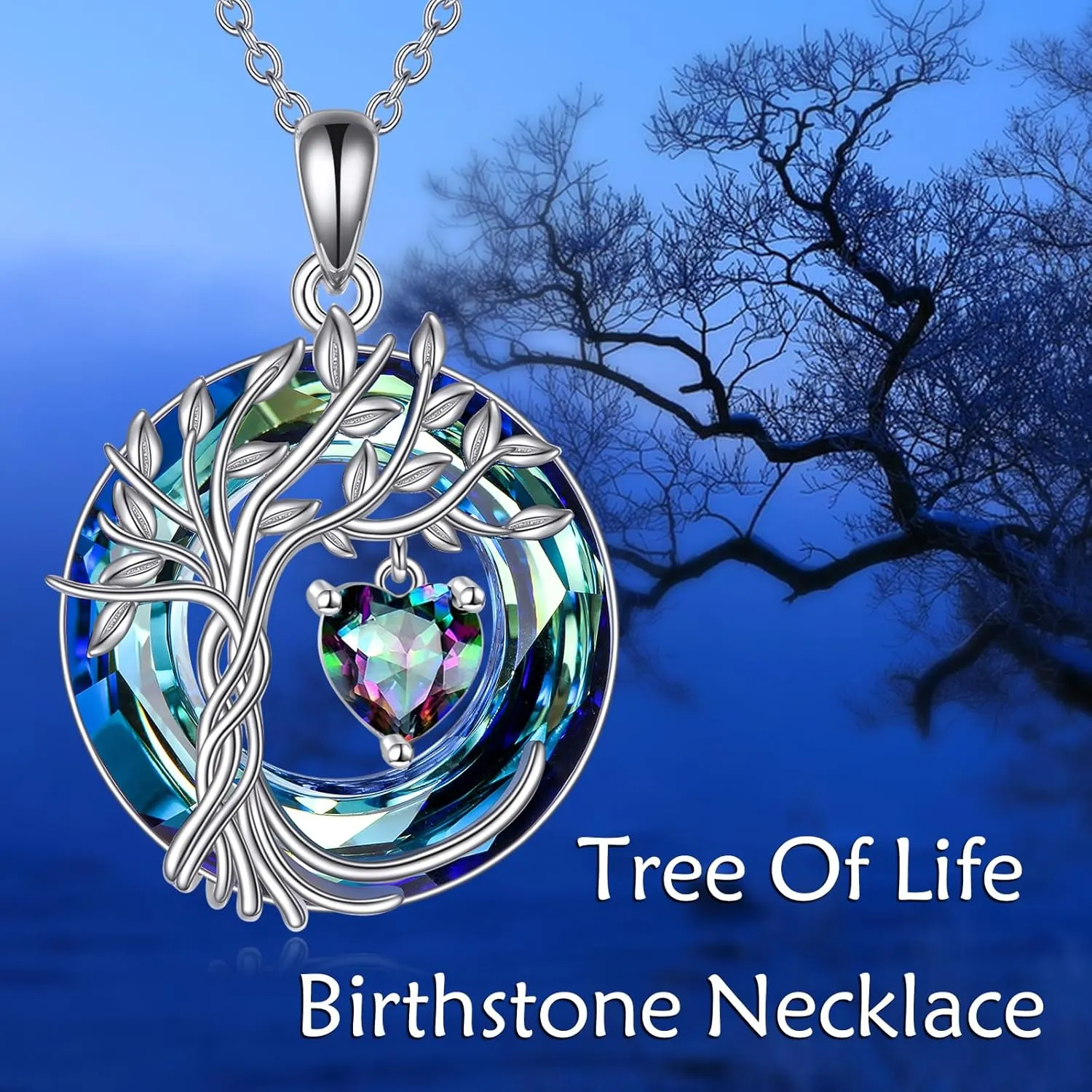 POPLYKE Tree of Life Necklace 925 Sterling Silver Birthstone Pendant Necklaces with Crystal Anniversary Birthday Wedding Jewelry for Mom Her Wife Sister