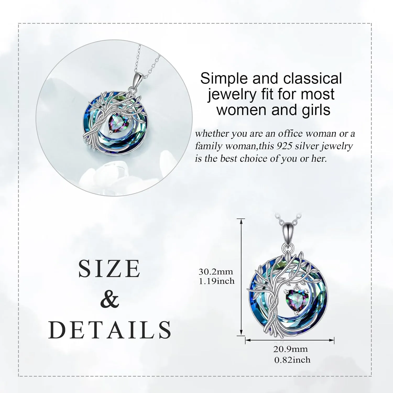 POPLYKE Tree of Life Necklace 925 Sterling Silver Birthstone Pendant Necklaces with Crystal Anniversary Birthday Wedding Jewelry for Mom Her Wife Sister