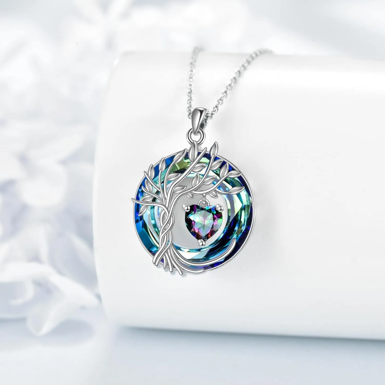 POPLYKE Tree of Life Necklace 925 Sterling Silver Birthstone Pendant Necklaces with Crystal Anniversary Birthday Wedding Jewelry for Mom Her Wife Sister