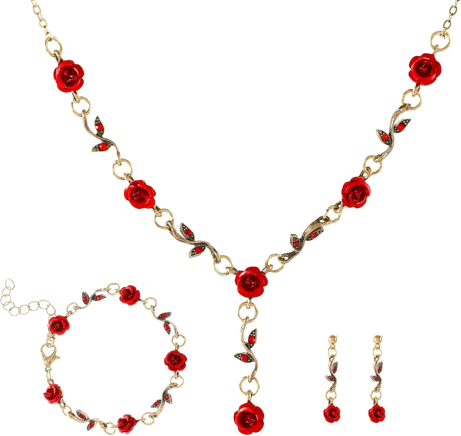 Red Rose Necklace Earrings Bracelet Gold Plated Jewelry Sets For Women Elegant