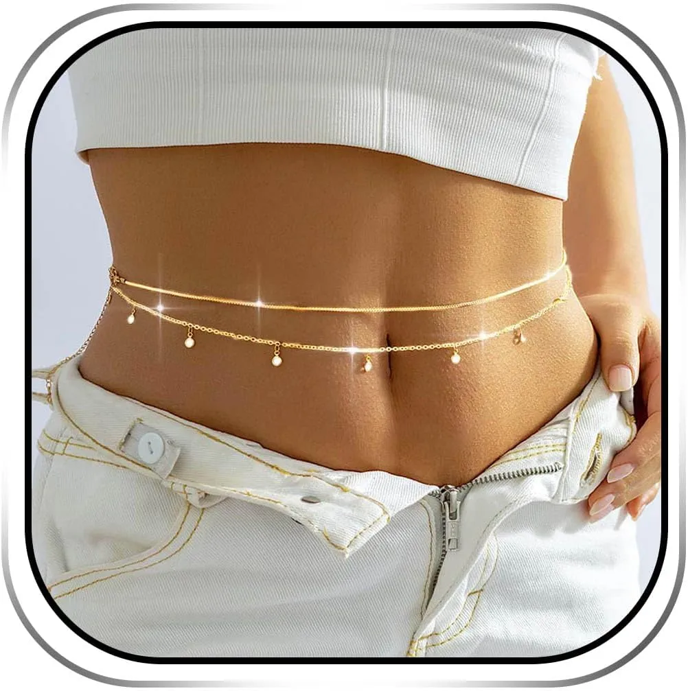 REETAN Gold Belly Waist Chain Bikini Sandbeach Rhinestone Body Jewelry for Women