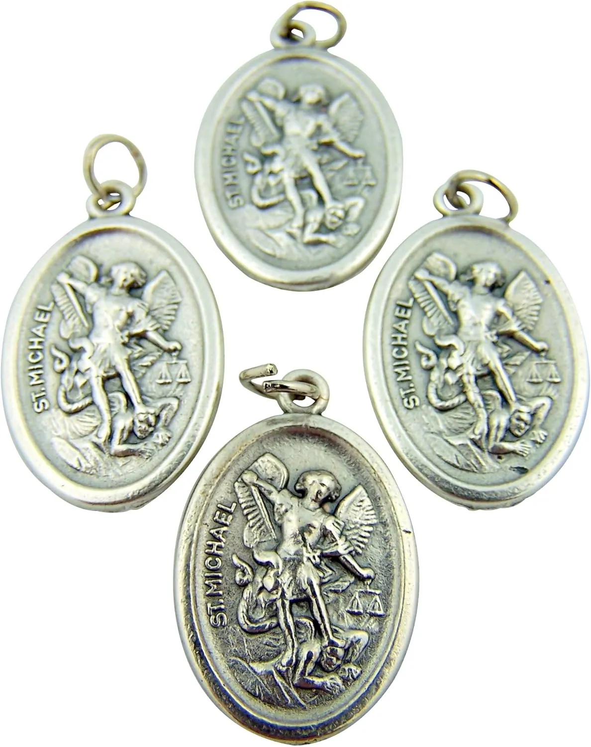 Religious Gifts St Michael Medal - Silver Tone Archangel Saint Michael with Angel Back Pendants, Pack of 4