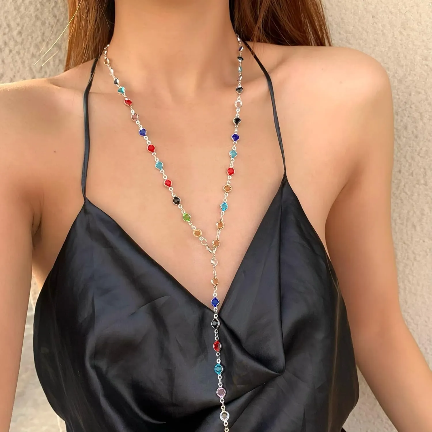 Rhinestone Long Chest Chain Y Necklace for Women Colorful Bead Crystal Chest Body Chain Y necklaces Jewelry