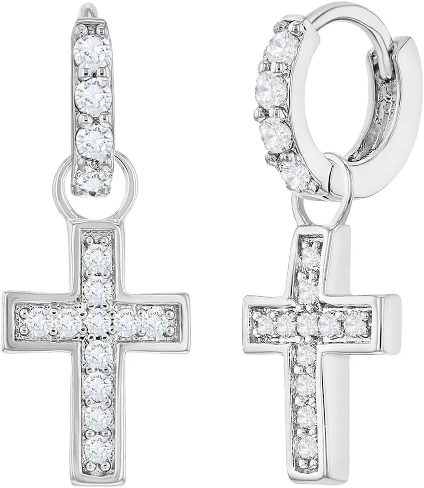 Rhodium Plated Clear Cubic Zirconia Religious Cross Dangle Small Hoop Huggie Earrings for Pre-Teens & Teens 10mm - Timeless & Elegant Religious Jewelry Gift For Communion or Christmas