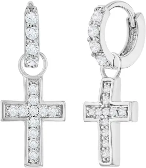 Rhodium Plated Clear Cubic Zirconia Religious Cross Dangle Small Hoop Huggie Earrings for Pre-Teens & Teens 10mm - Timeless & Elegant Religious Jewelry Gift For Communion or Christmas