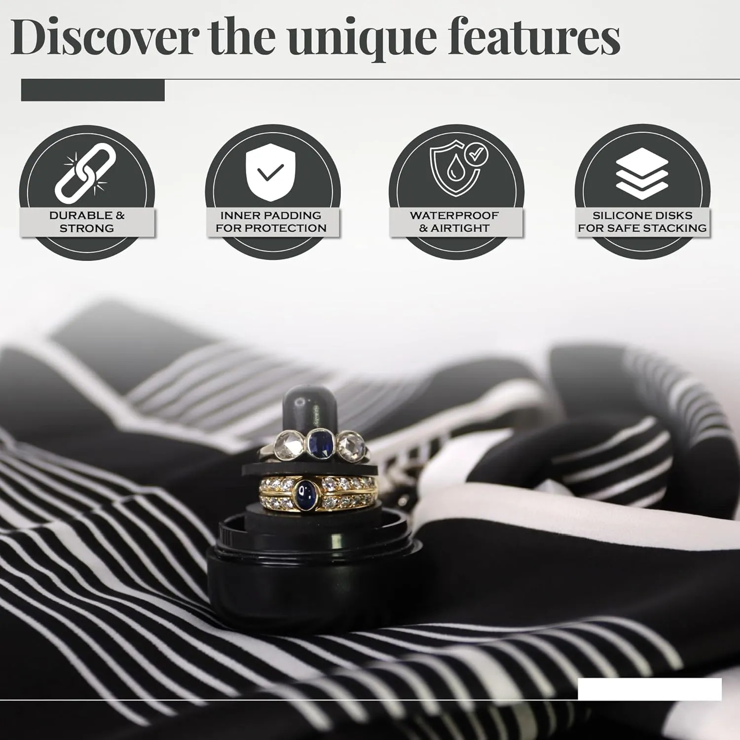 Ring Holder Keychain, Jewelry Organizer and Storage, Portable Waterproof Ring Holder, Pill Box Keychain Container, Gym Accessory, and Travel Ring Case (Black Onyx)