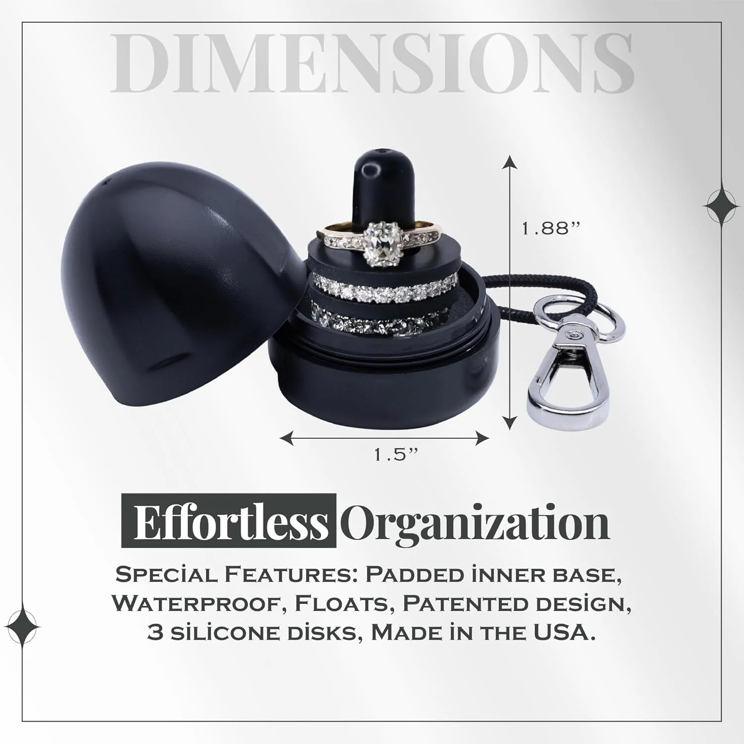 Ring Holder Keychain, Jewelry Organizer and Storage, Portable Waterproof Ring Holder, Pill Box Keychain Container, Gym Accessory, and Travel Ring Case (Black Onyx)