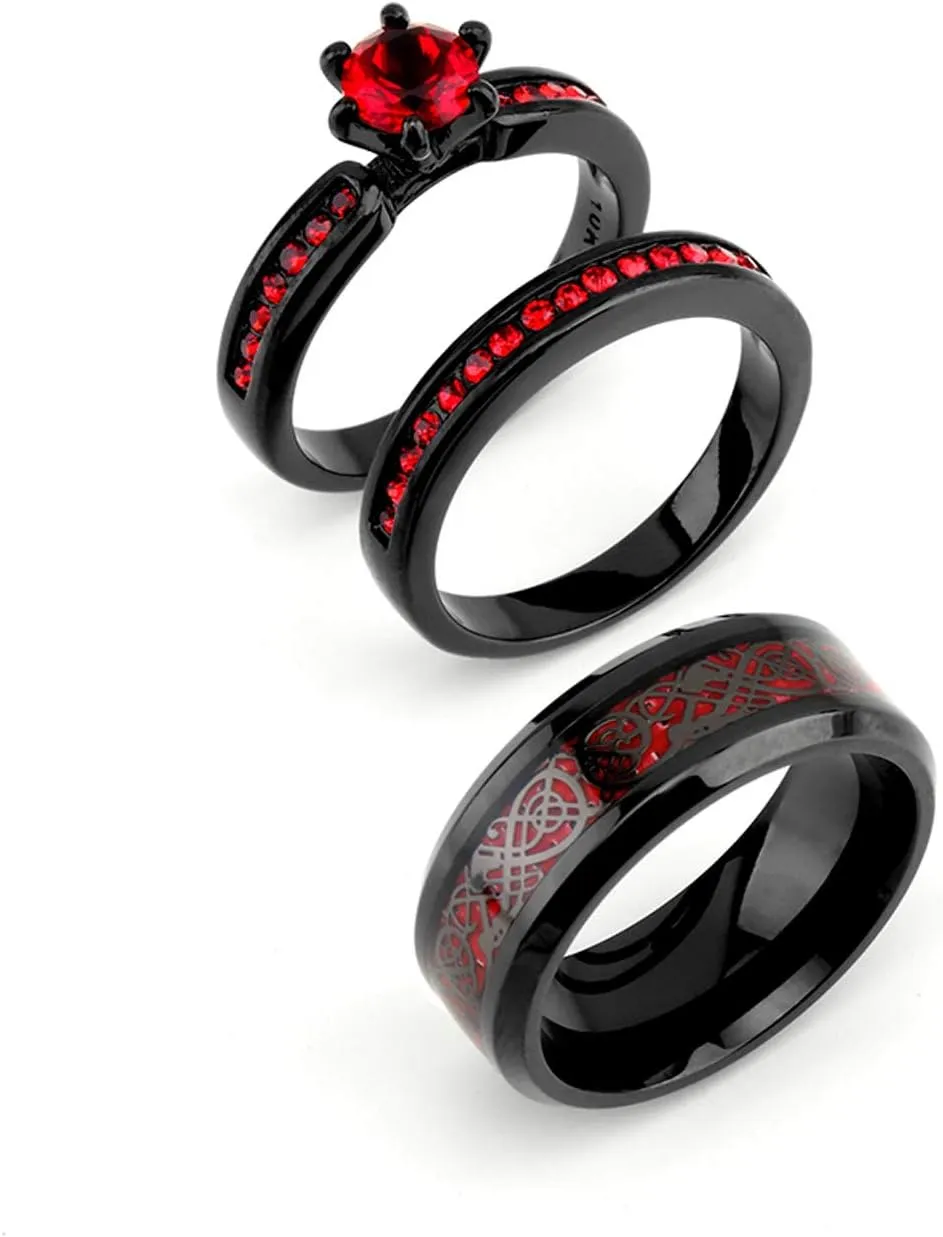 ringheart 2 Rings His and Hers Couple Rings Red Cz Rings Womens Wedding Ring Sets Titanium Steel Mens Wedding Bands