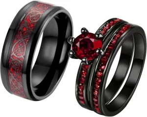 ringheart 2 Rings His and Hers Couple Rings Red Cz Rings Womens Wedding Ring Sets Titanium Steel Mens Wedding Bands