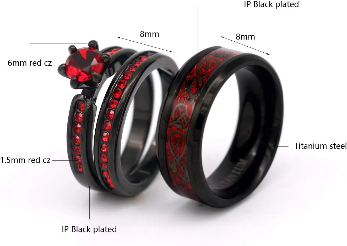 ringheart 2 Rings His and Hers Couple Rings Red Cz Rings Womens Wedding Ring Sets Titanium Steel Mens Wedding Bands