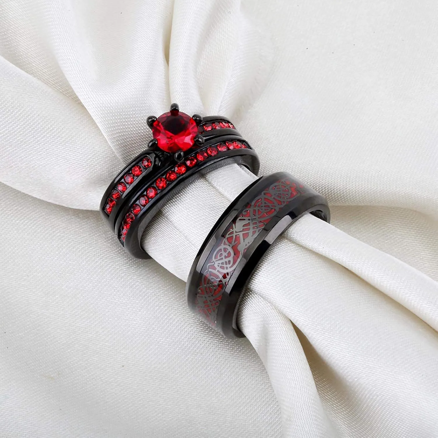 ringheart 2 Rings His and Hers Couple Rings Red Cz Rings Womens Wedding Ring Sets Titanium Steel Mens Wedding Bands