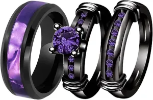 ringheart 3pcs Matching Rings His and Hers Ring Couple Rings Pruple Cz Womens Wedding Ring Sets Wedding Bands