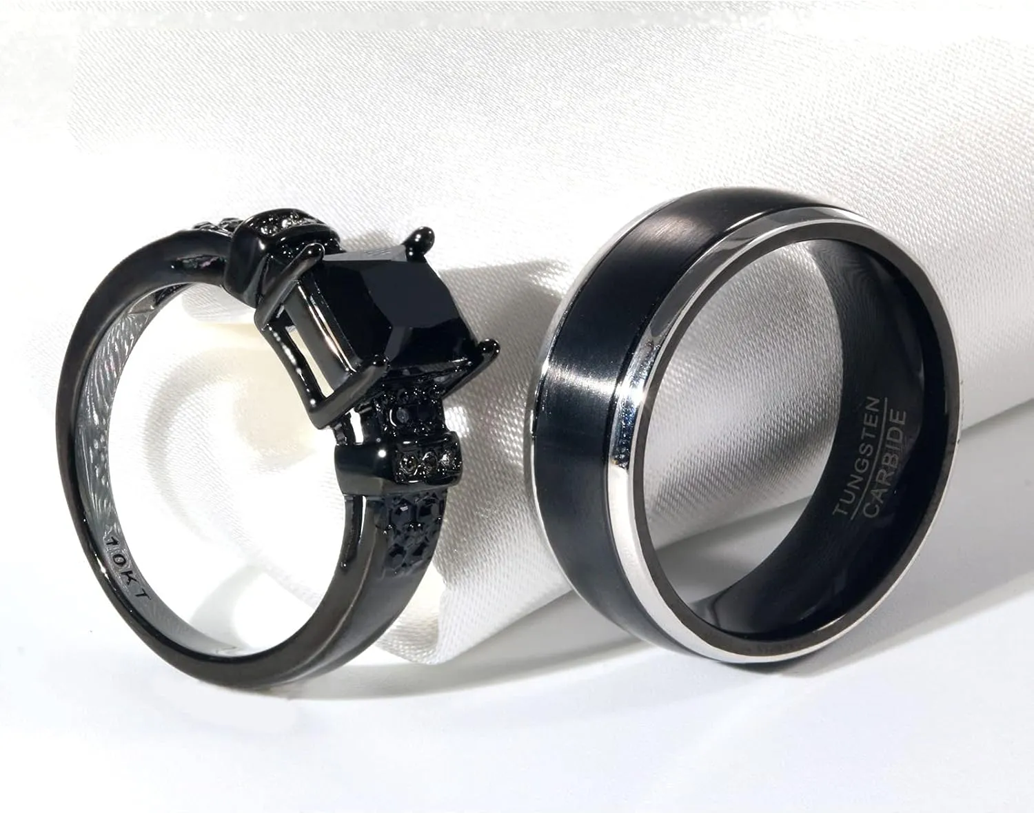 ringheart Black 2 Rings His and Her Ring Couple Rings Matching Ring 1ct CZ Womens Wedding Ring Tungsten Mens Wedding Bands