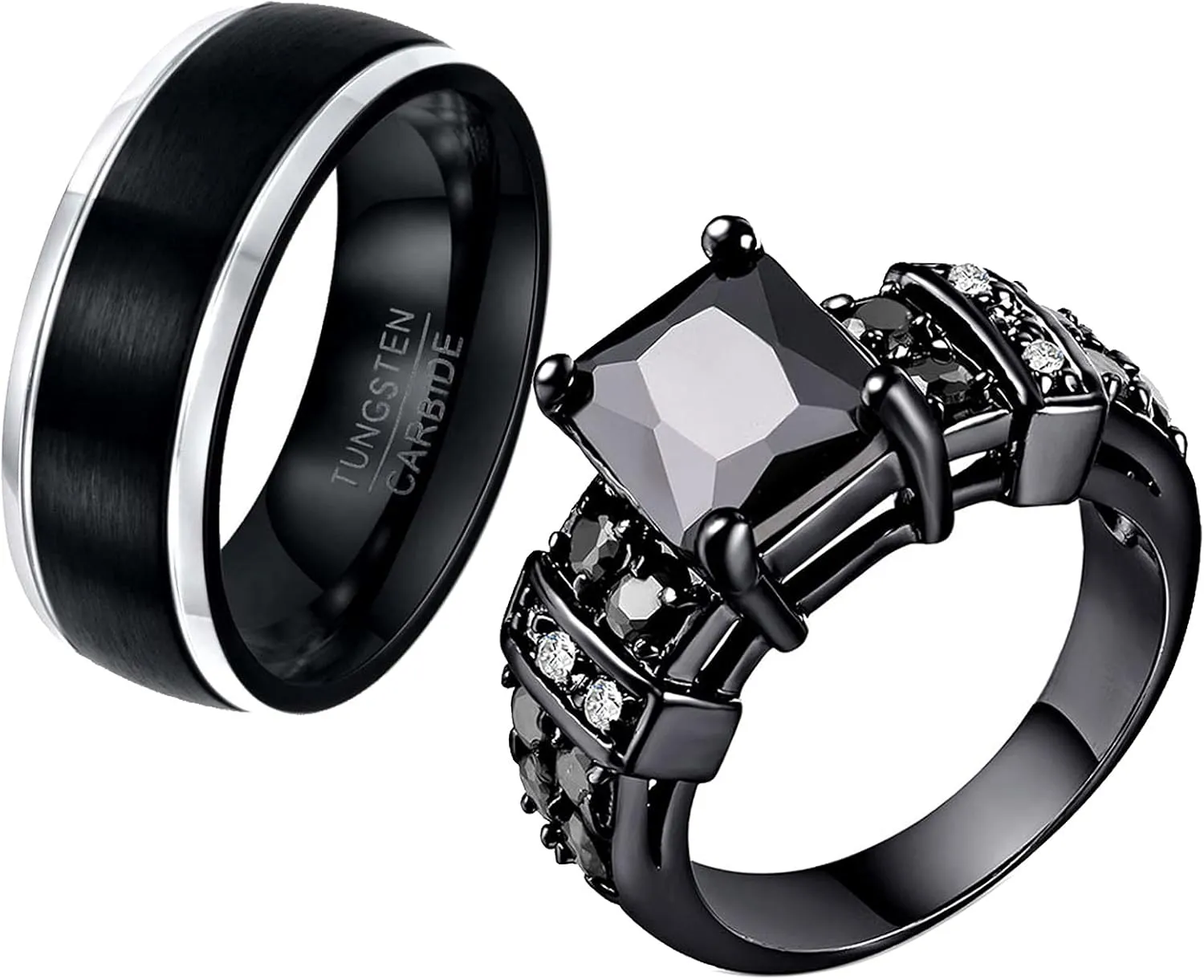 ringheart Black 2 Rings His and Her Ring Couple Rings Matching Ring 1ct CZ Womens Wedding Ring Tungsten Mens Wedding Bands