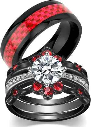 ringheart Couple Rings Black Matching Ring 1.5ct AAA CZ Women Wedding Ring Sets for Him and Her Red Wedding Ring