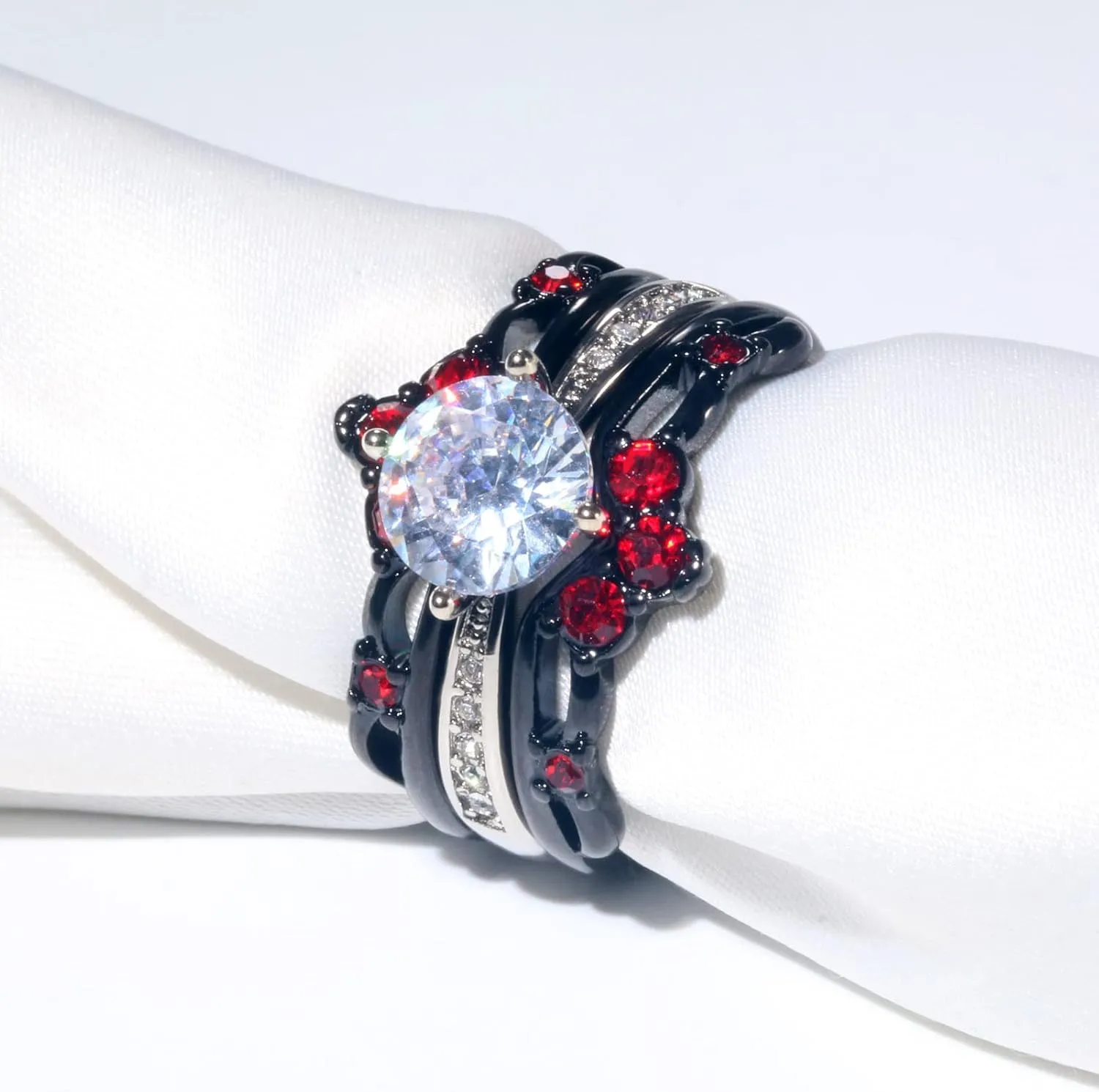 ringheart Couple Rings Black Matching Ring 1.5ct AAA CZ Women Wedding Ring Sets for Him and Her Red Wedding Ring