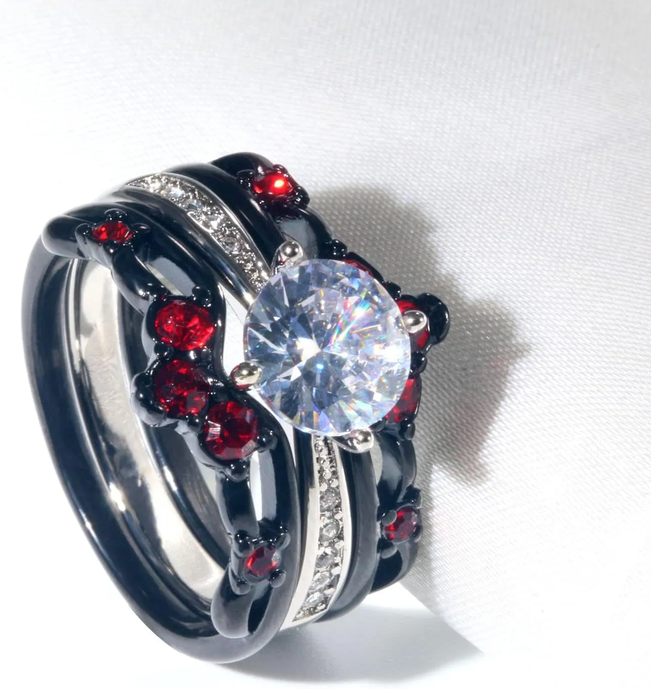 ringheart Couple Rings Black Matching Ring 1.5ct AAA CZ Women Wedding Ring Sets for Him and Her Red Wedding Ring