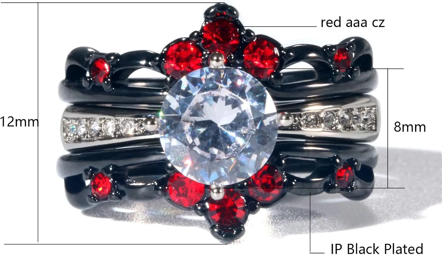 ringheart Couple Rings Black Matching Ring 1.5ct AAA CZ Women Wedding Ring Sets for Him and Her Red Wedding Ring